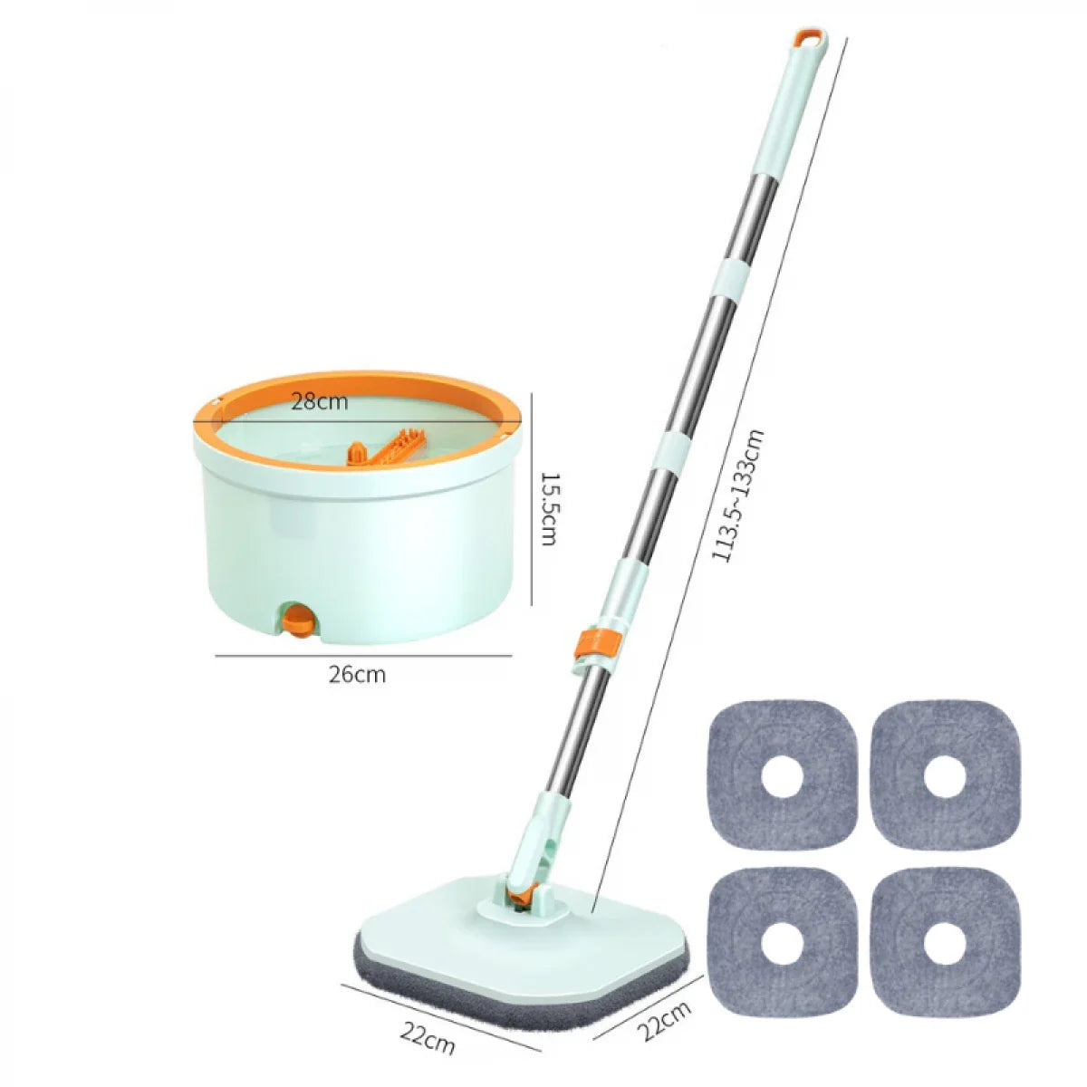 Set mop rotativ 360° cu galeata centrifuga, separare apa curata de apa murdara, sistem evacuare apa, 4 rezerve