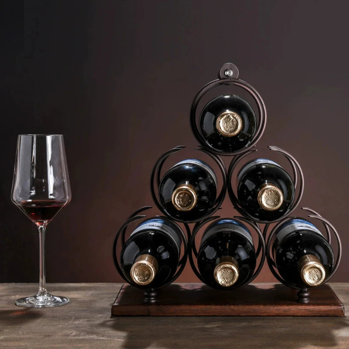 Suport pentru 6 sticle de vin, design modern, lemn natural si otel, 32.5 x 16 x 30 cm