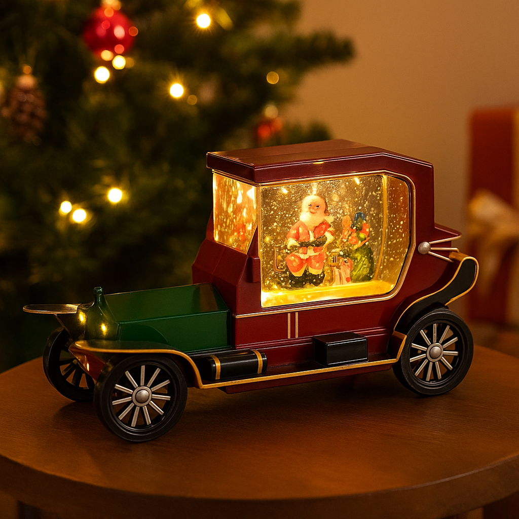 Decoratiune  Craciun tip masina de epoca cu Mos Craciun si cadouri, functie muzicala, zapada in miscare, 6x27 cm16x27cm