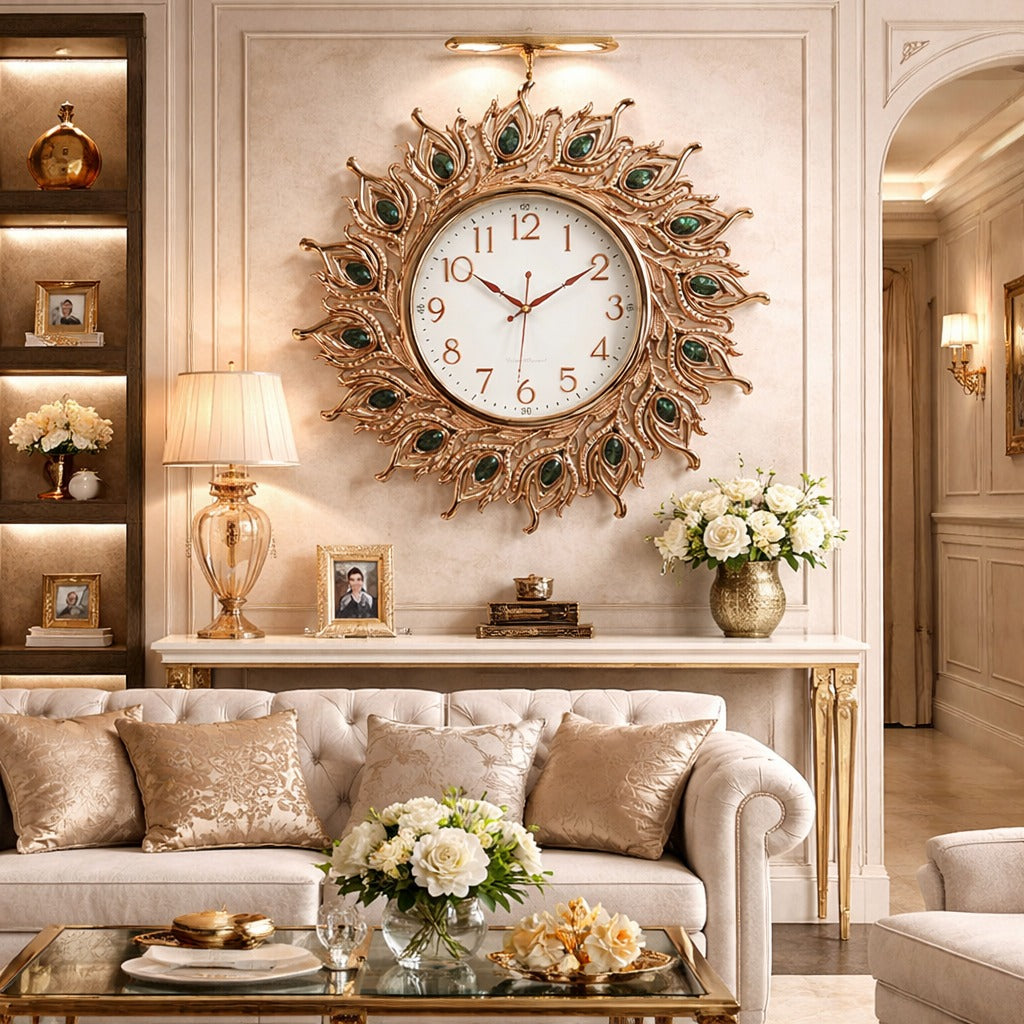 Ceas de perete decorativ 70 cm model pene de paun design elegant premium silentios