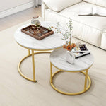 Set 2 masute rotunde de cafea cu efect de marmura, blat MDF, cadru metalic auriu