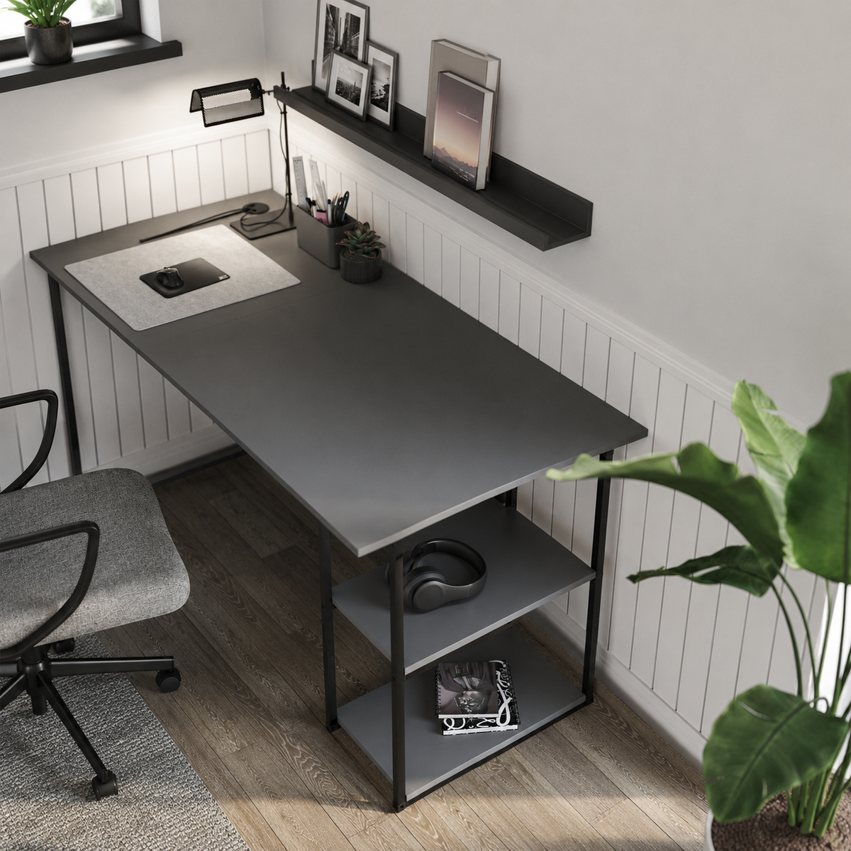 Birou de colt in forma L 140x147,8x73,8 cm, cu rafturi integrate si cadru metalic, pentru home office sau birou