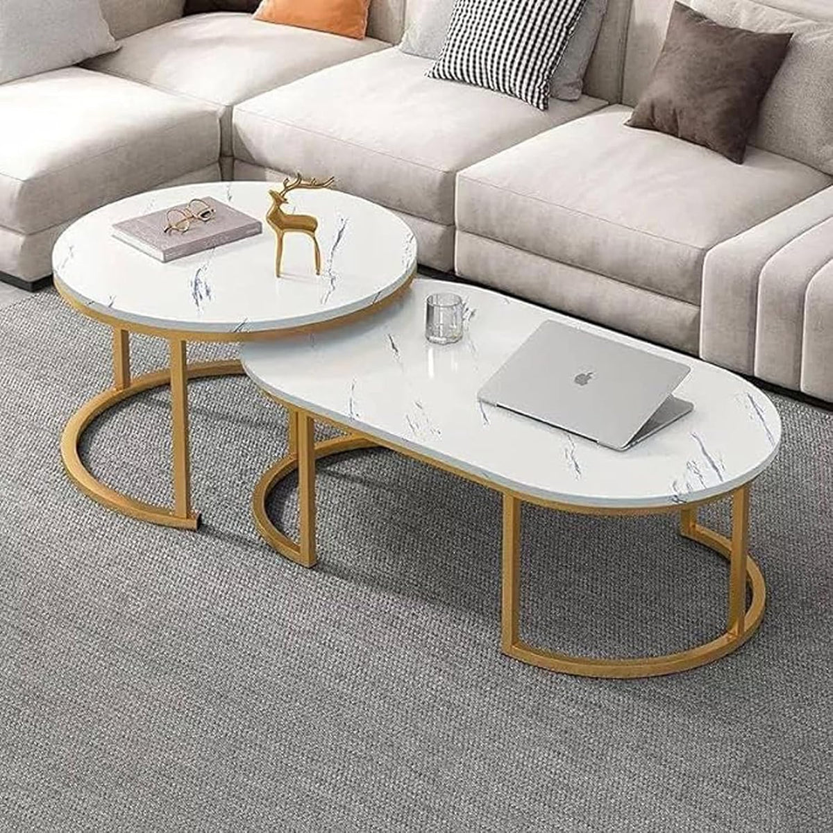 Set 2 Mese Cafea, Design Modern Minimalist, Blat Alb Efect Marmura, Cadru Metalic Auriu