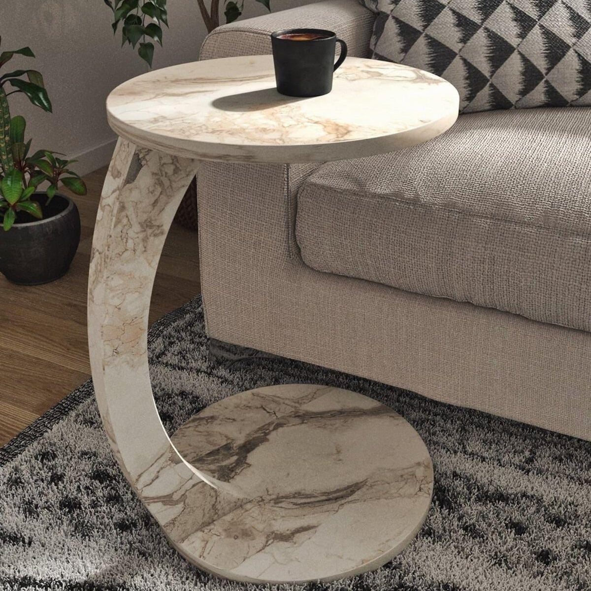 Masuta de cafea rotunda cu roti, din PAL melaminat – 38 cm diametru, 56 cm inaltime