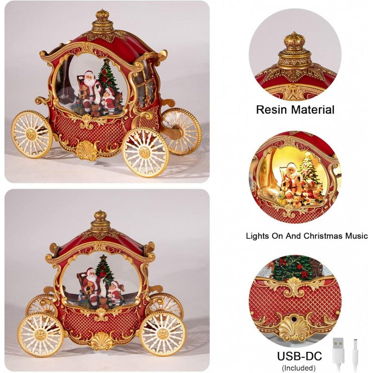 Felinar LED Luminos Premium "Caleasca Lui Mos Craciun", cu 8 Melodii si Invarte Zapada,USB,Baterii