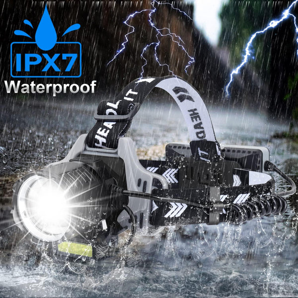 Lanterna Frontală LED 30W Super Puternică 120.000 Lumeni, Zoom, USB, 8 Moduri, Senzor Mișcare