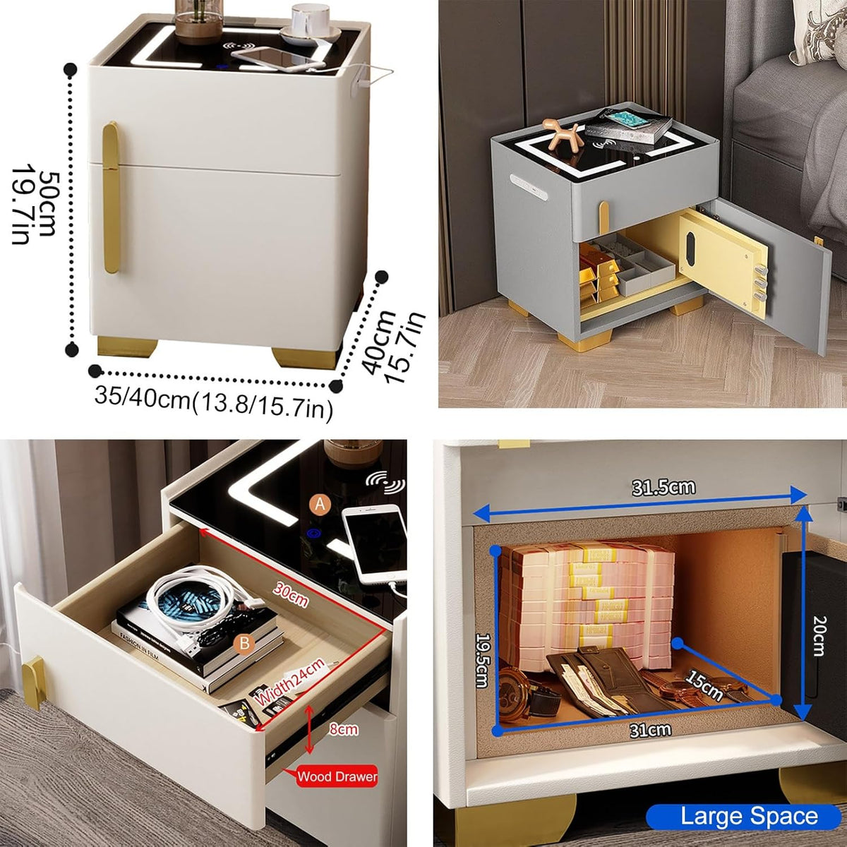 Noptiera cu statie de incarcare, seif ascuns si iluminare LED, Boxe incorporate, reglabila 3 culori pentru dormitor si living