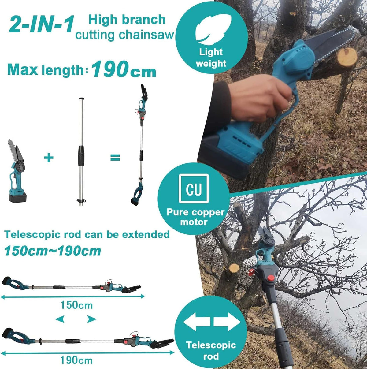 RESIGILAT - Set foarfeca gradina si mini drujba, 2 acumulatori 48V, cu brat 2.13m telescopic