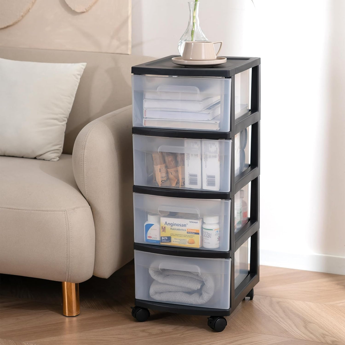 Dulap pe roti cu sertare transparente, 4 x 20 L