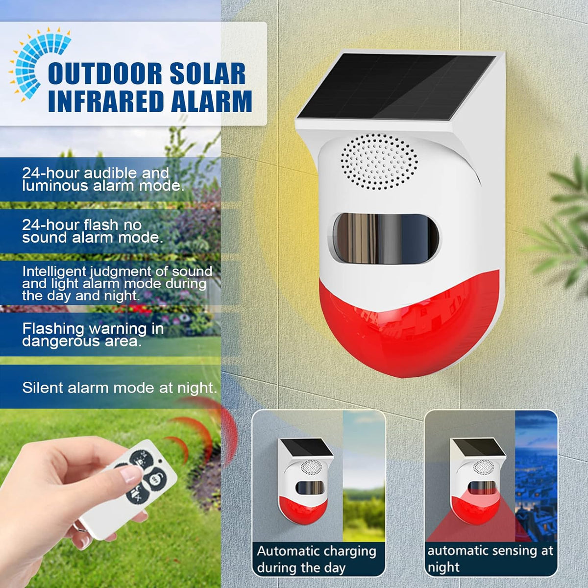 Alarma solara cu telecomanda, pentru exterior