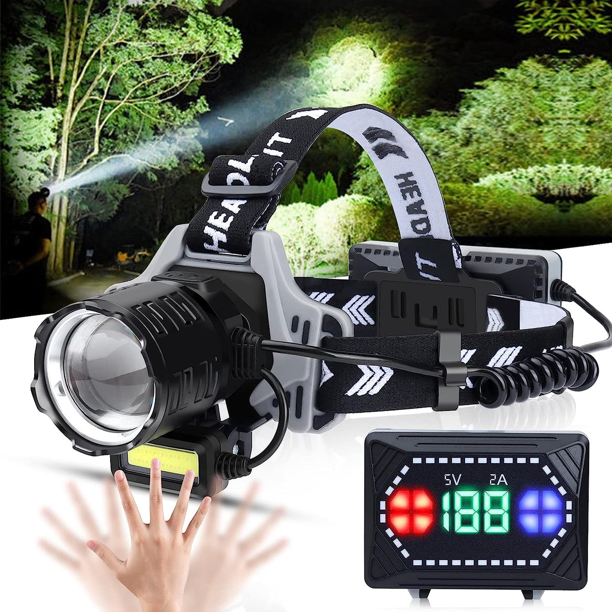 Lanterna Frontală LED 30W Super Puternică 120.000 Lumeni, Zoom, USB, 8 Moduri, Senzor Mișcare