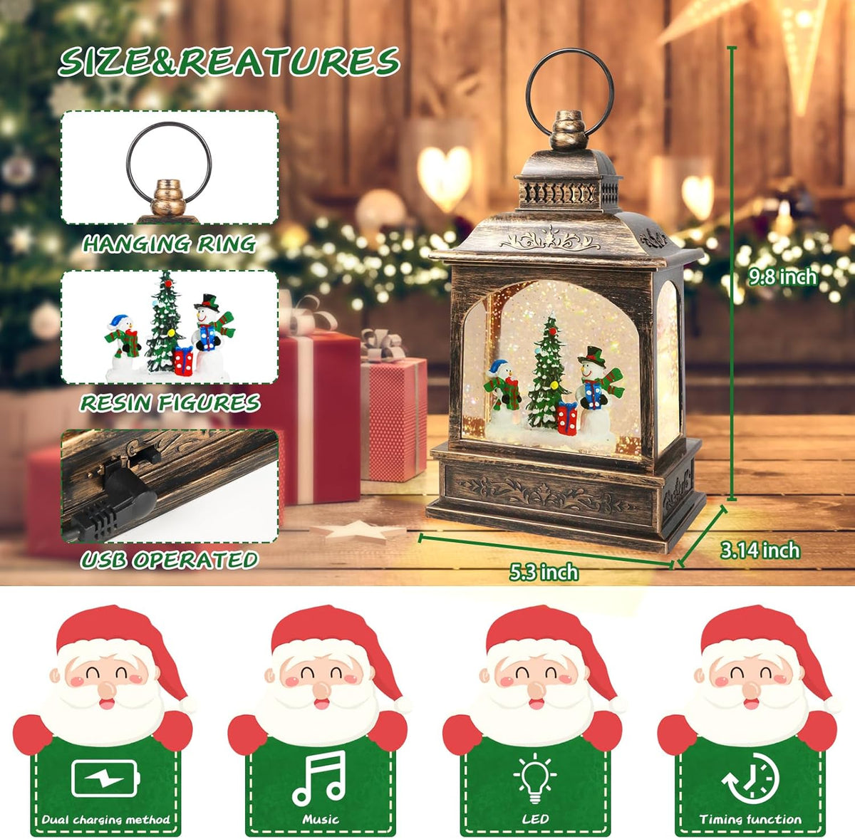 Glob de zapada muzical de Craciun cu om de zapada – lumini calde, efect de ninsoare si 8 melodii festive