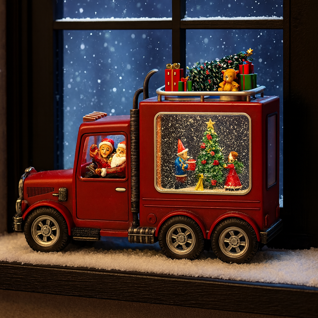 Decoratiune Craciun Camion Muzical cu Lichid si Sclipici, Iluminare LED si Scene 3D – 24.5 cm