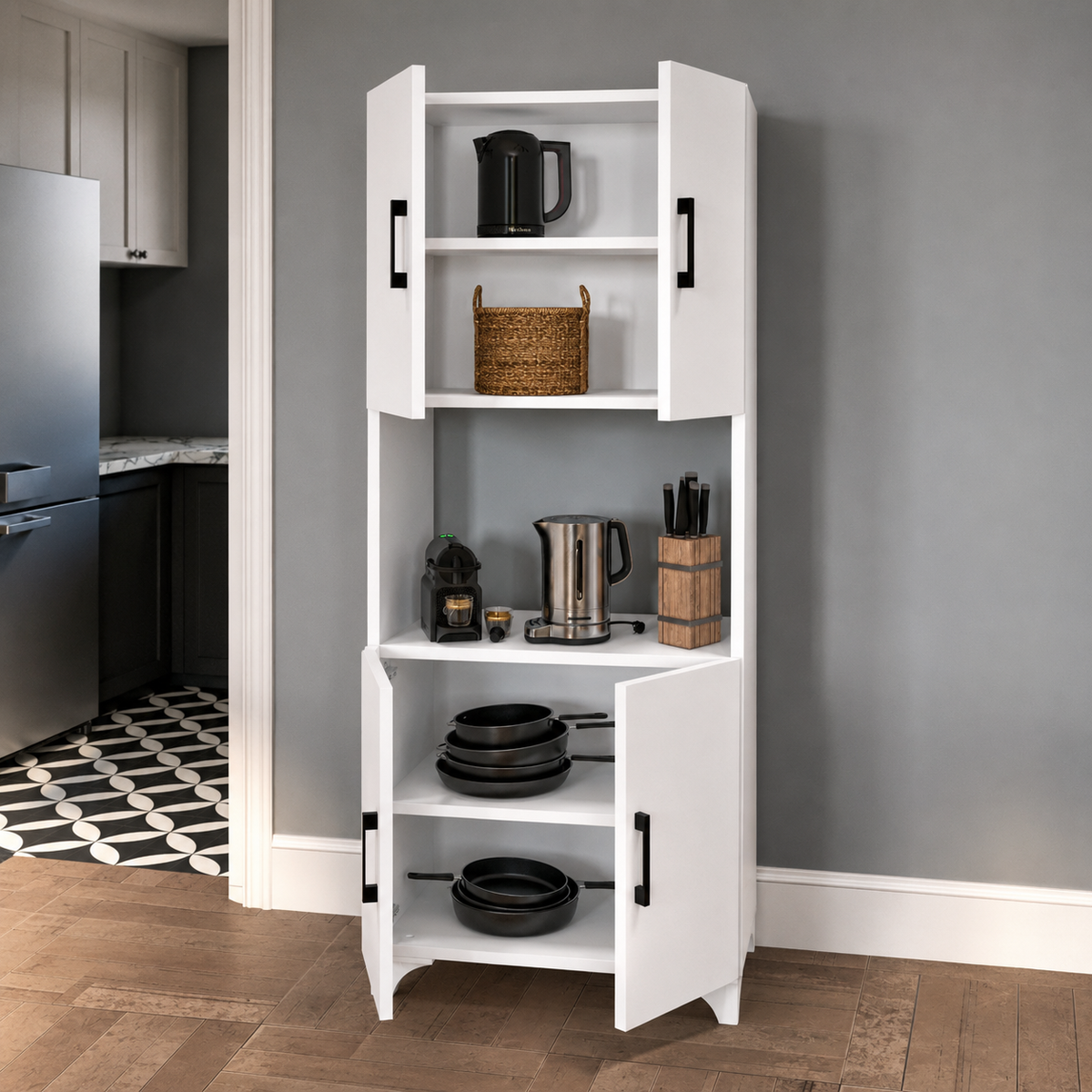 Dulap multifunctional pentru bucatarie, suport pentru cuptor cu microunde, 60 x 33,8 x 153,6 cm