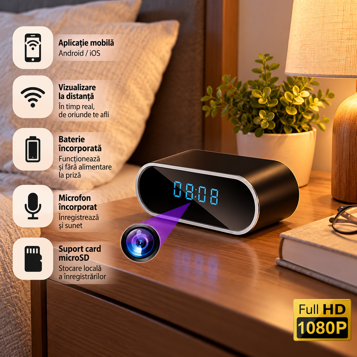 Camera Mini WIFI in Ceas de Birou Full HD Night Vision Inregistrare Audio-Video Activare Miscare - detaliu produs