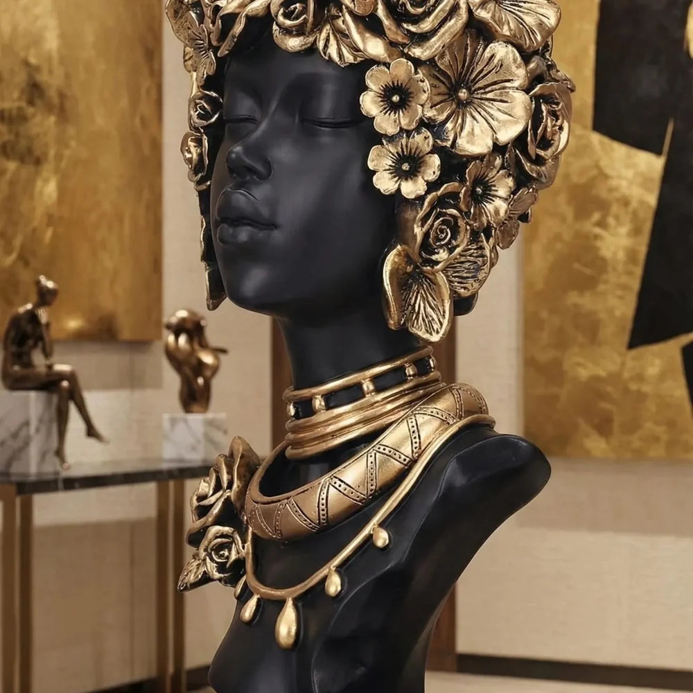 Statueta Africana Bust Negru Auriu Decorativ Raze Flori Trandafiri Luxury 35cm - detaliu produs
