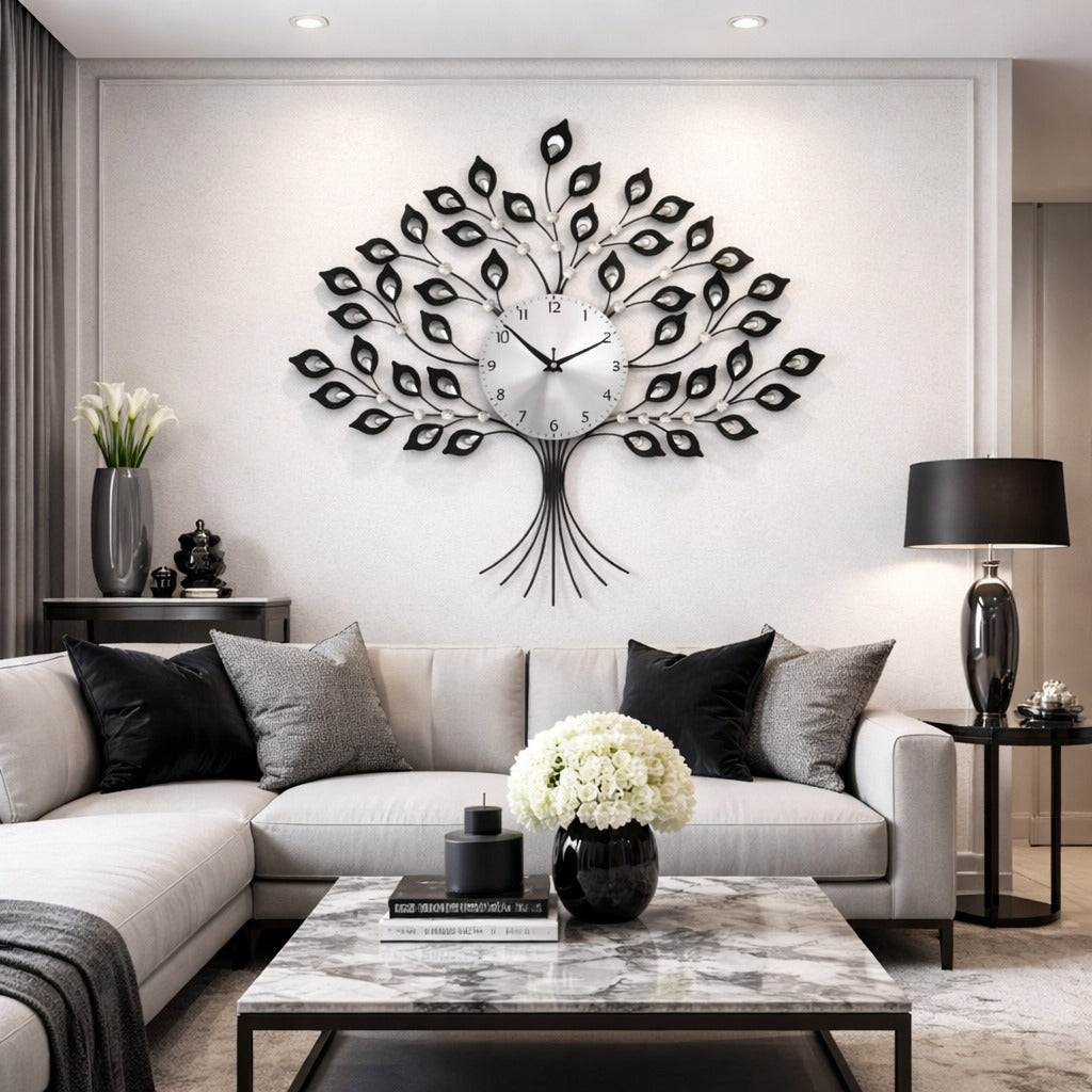 Ceas decorativ de perete model copac, design modern, metalic negru sau auriu, mecanism silentios 66 x 56 cm