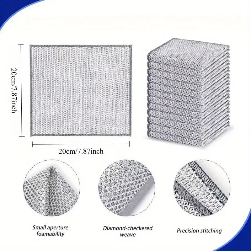 Set 10 lavete din microfibra metalica, abraziva, pentru vase, utilizare umeda si uscata, 20 x 20 cm, argintiu