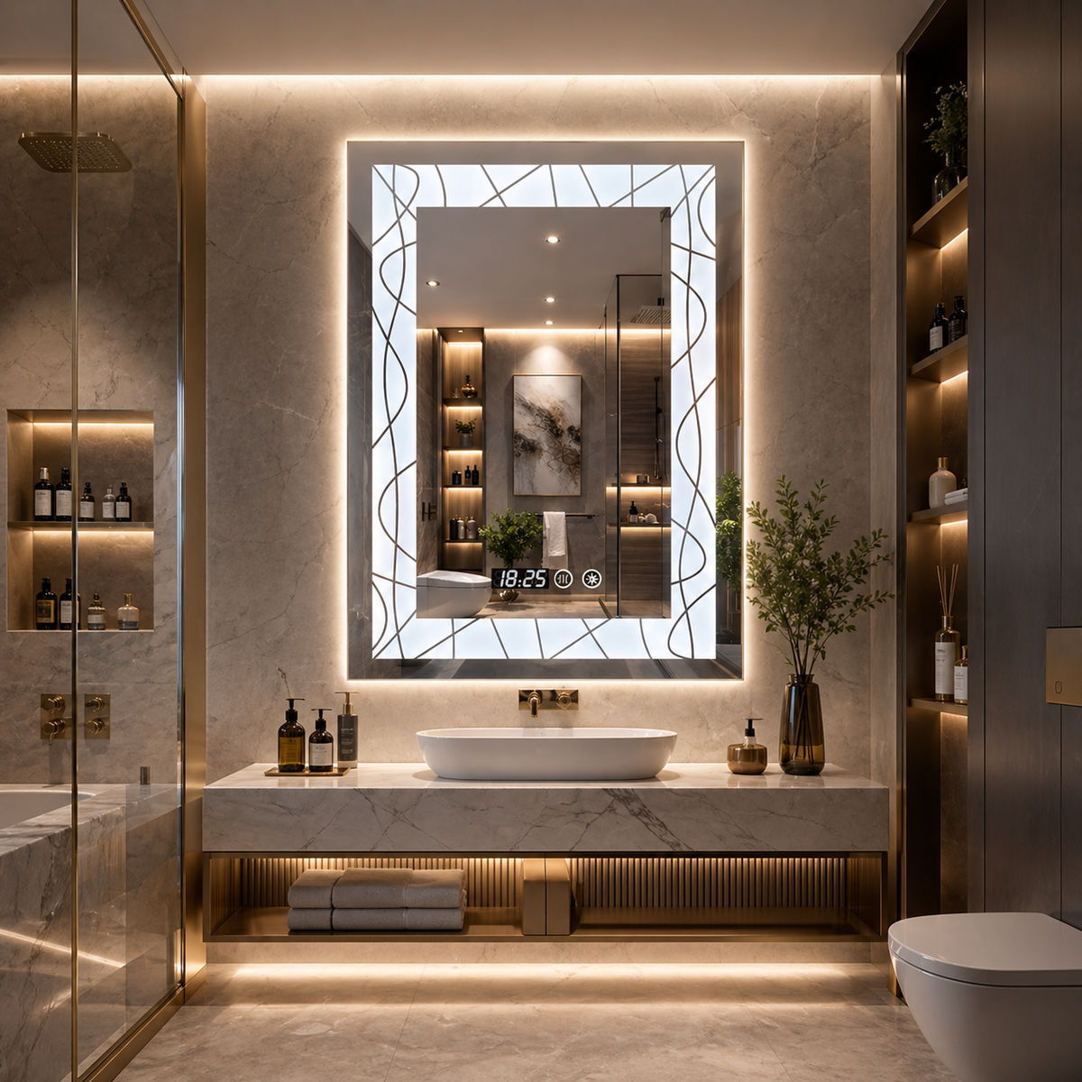 Oglinda LED 70X90 cm cu margini decorative, iluminare ambientala, touch si ceas digital