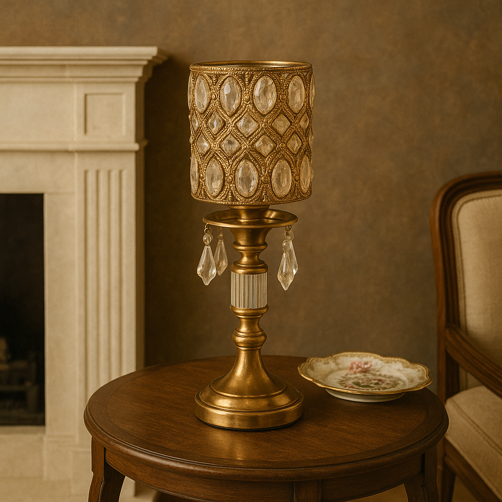 Candelabru decorativ auriu cu cristale, 40 cm. Metal finisat + cristale transparente