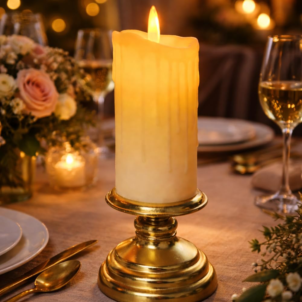 Lumânare LED Premium cu Flacără Realistă, Efect de Ceară Topită și Suport Auriu Elegant – 18 × 5 cm - detaliu produs