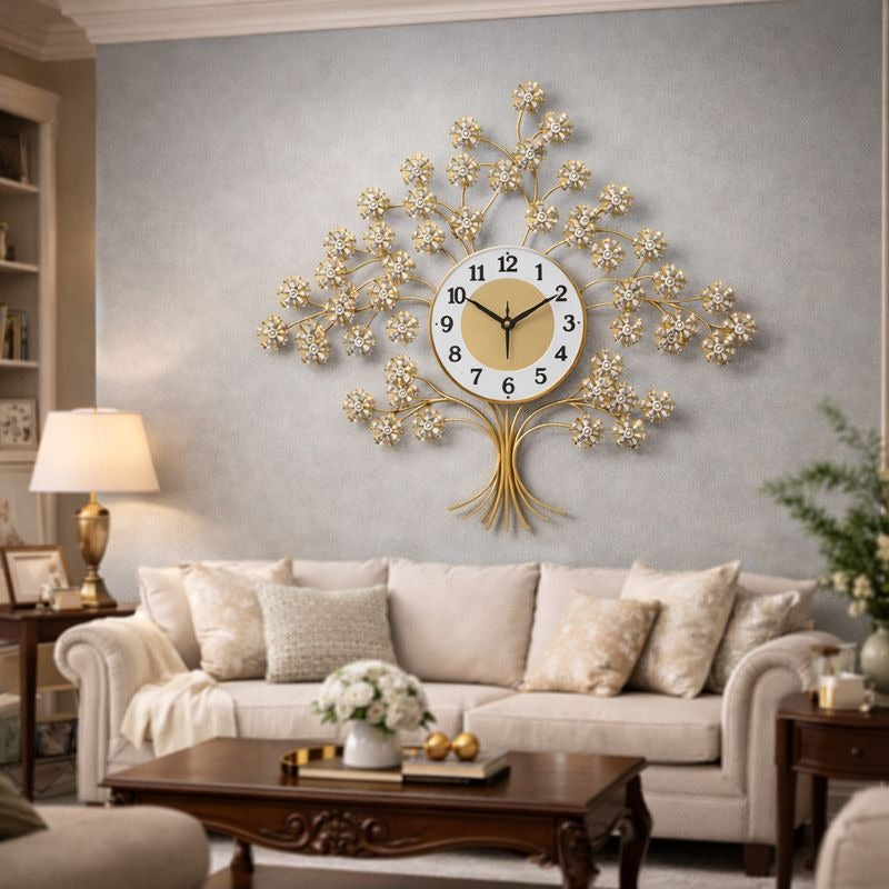 Ceas de perete decorativ tip copac cu cristale, 69 x 69 cm