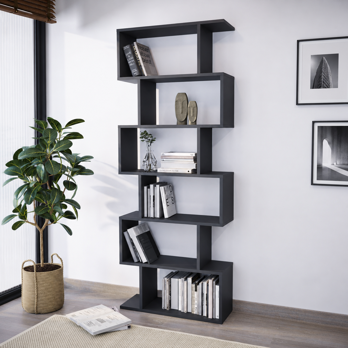 Biblioteca zig-zag din PAL 80x25x190,2 cm, cu 6 rafturi, pentru carti si decoratiuni