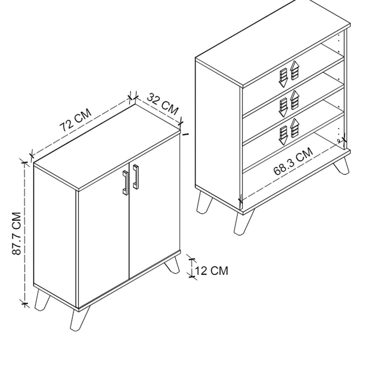 Pantofar Ceren multifunctional cu 2 usi si 4 rafturi interioare, dulap pantofi, mobilier hol ingust 70 x 110 cm, PAL melaminat 18 mm clasa E1, mecanism silentios soft-close, 72x32,5x88 cm