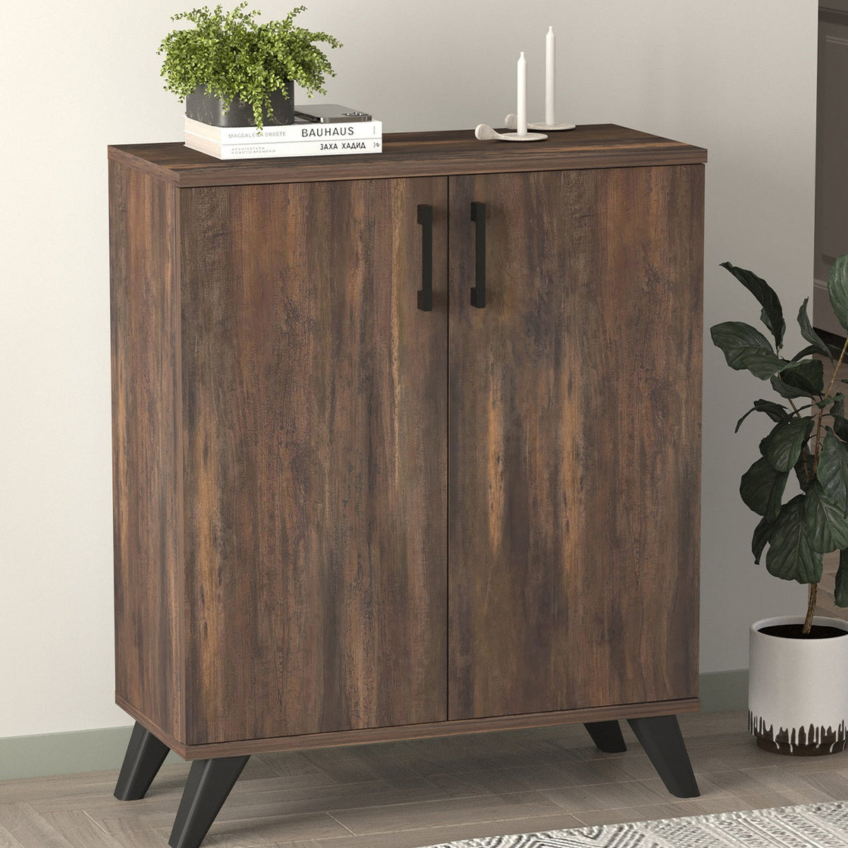 Pantofar Ceren multifunctional cu 2 usi si 4 rafturi interioare, dulap pantofi, mobilier hol ingust 70 x 110 cm, PAL melaminat 18 mm clasa E1, mecanism silentios soft-close, 72x32,5x88 cm