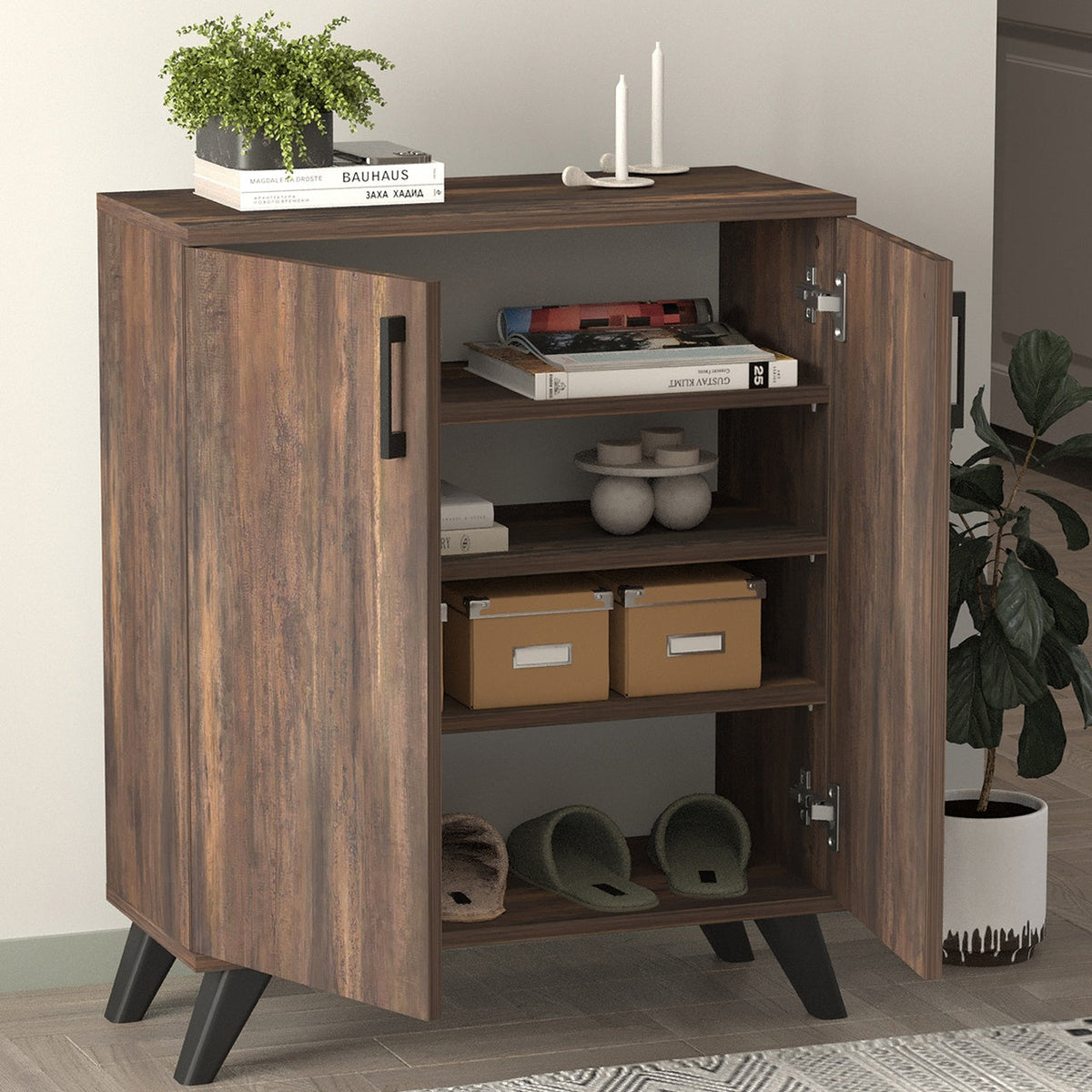 Pantofar Ceren multifunctional cu 2 usi si 4 rafturi interioare, dulap pantofi, mobilier hol ingust 70 x 110 cm, PAL melaminat 18 mm clasa E1, mecanism silentios soft-close, 72x32,5x88 cm