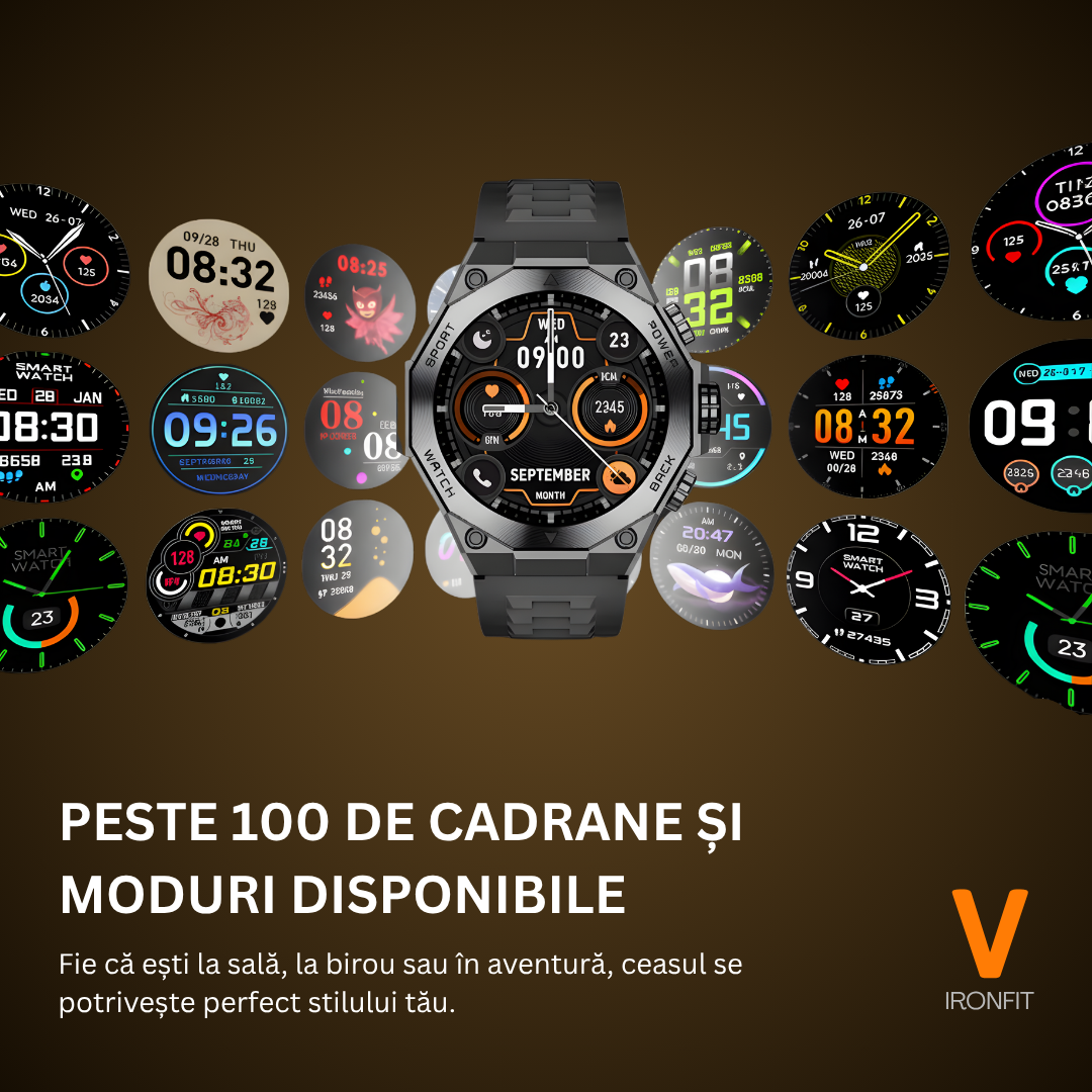 Ceas Smartwatch Barbati IRONFIT, Ecran AMOLED 1.43", Fitness, Sport, Apel Bluetooth, Notificari Limba Romana, Microfon HD, Rezistent Apa 5ATM, 2 Curele Incluse, Negru