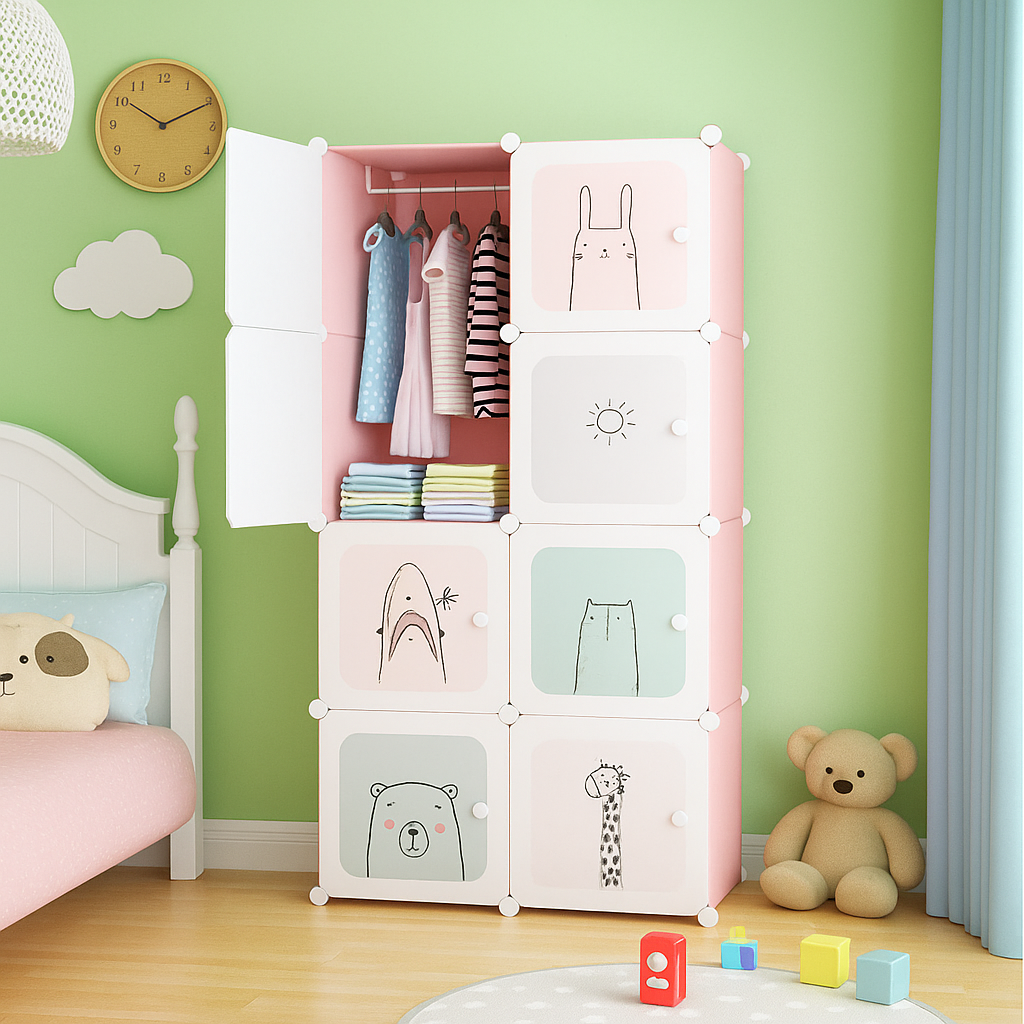 Dulap modular pentru copii, 8 rafturi, durabil, 76X37X147 cm, model cu animalute