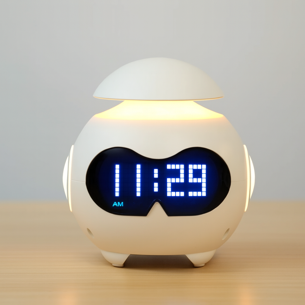 Ceas desteptator Emoji cu lumină si difuzor Bluetooth – Robot amuzant pentru trezire si decor modern