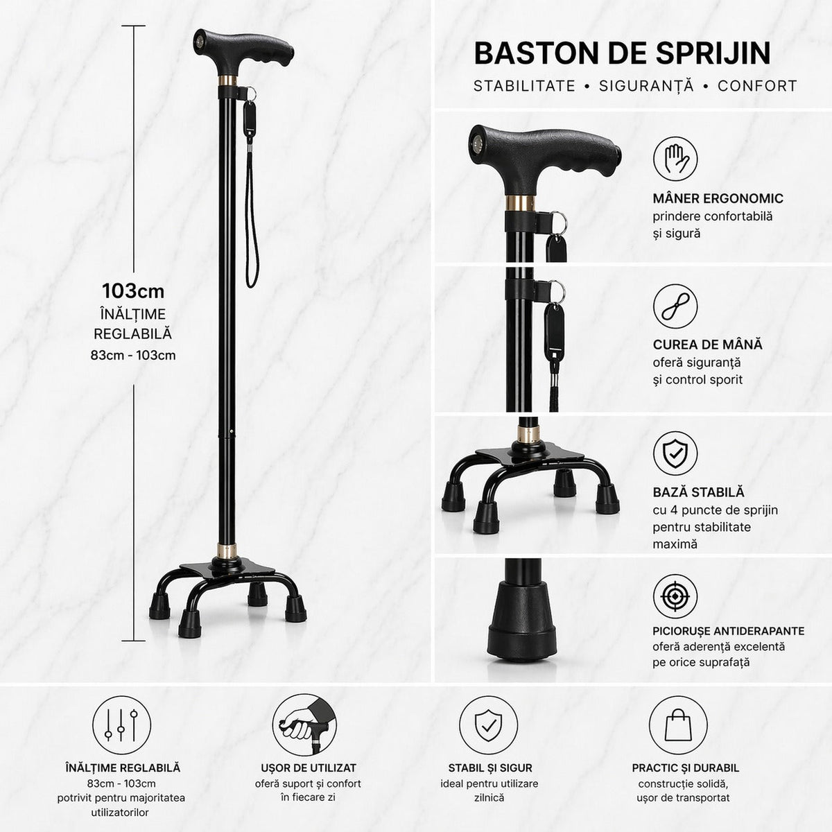 Baston de sprijin reglabil cu 4 puncte de sustinere, greutate suportata 110 kg, negru