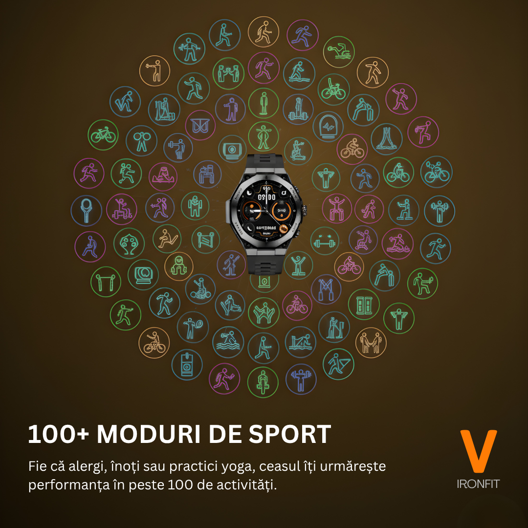 Ceas Smartwatch Barbati IRONFIT, Ecran AMOLED 1.43", Fitness, Sport, Apel Bluetooth, Notificari Limba Romana, Microfon HD, Rezistent Apa 5ATM, 2 Curele Incluse, Negru