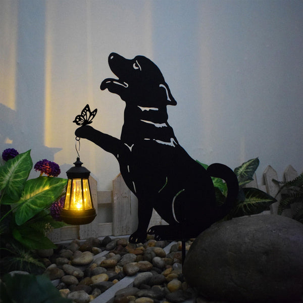 Set 2 Decoratiuni Solare de Gradina Catelus Fluture Felinar LED Metal - detaliu produs