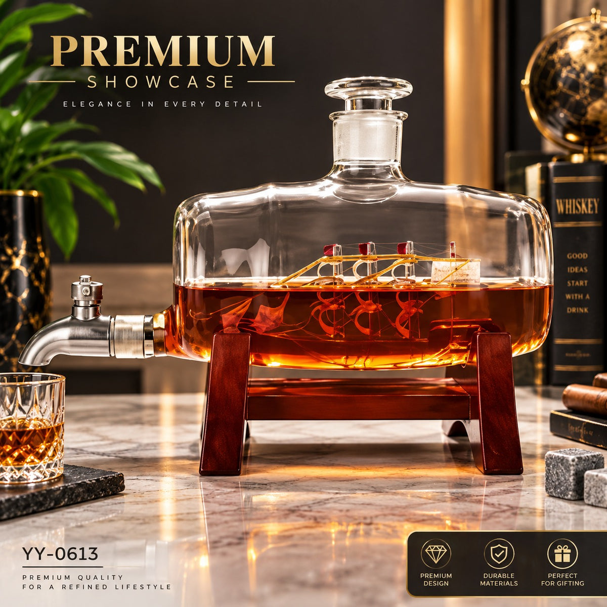 Decantor Premium pentru Whisky cu Corabie în Interior, Robinet Metalic și Suport din Lemn – Design Elegant pentru Bar, Birou sau Cadou - detaliu produs