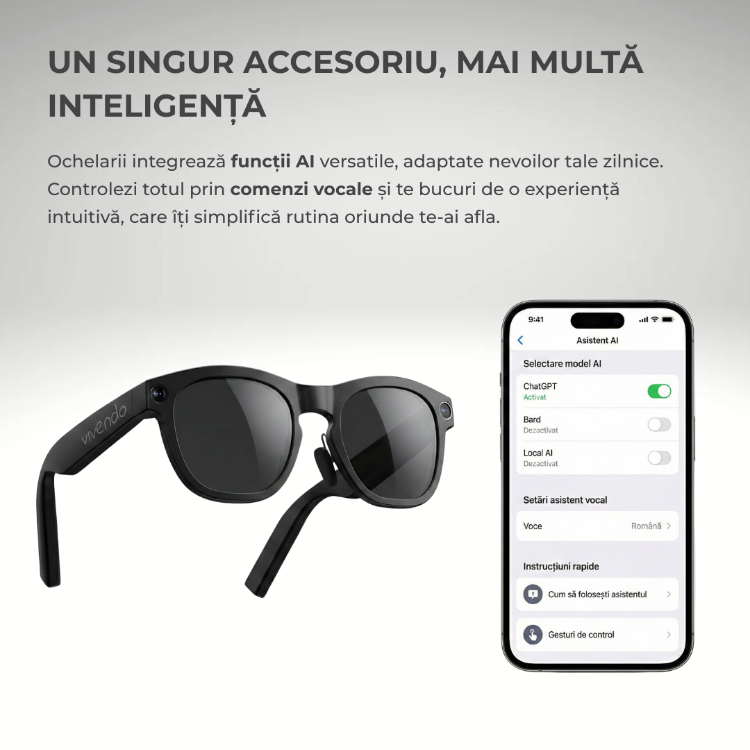 Ochelari Smart VIVENDO SMART GLASSES, Camera 1080P Full HD, AI Integrat, Apeluri Bluetooth, Control Tactil, Streaming Muzica, Wi-Fi 2.4G, Microfoane Duale, Negru