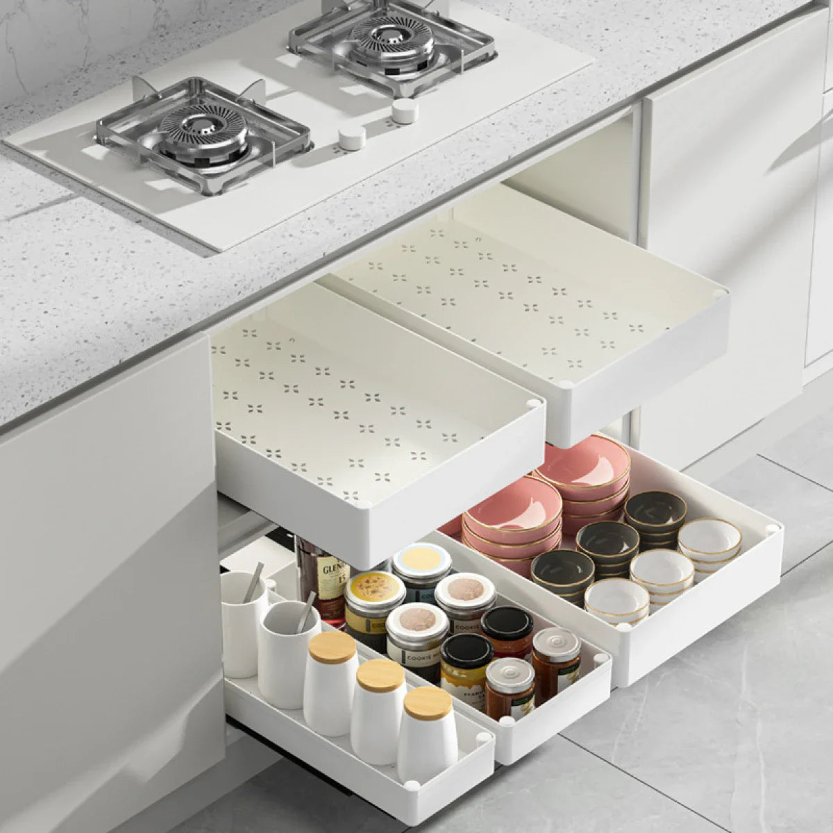 Set 3 sertare cu glisiere autoadezive soft-close, extragere totala, sina cu extensie, 3 dimensiuni, alb