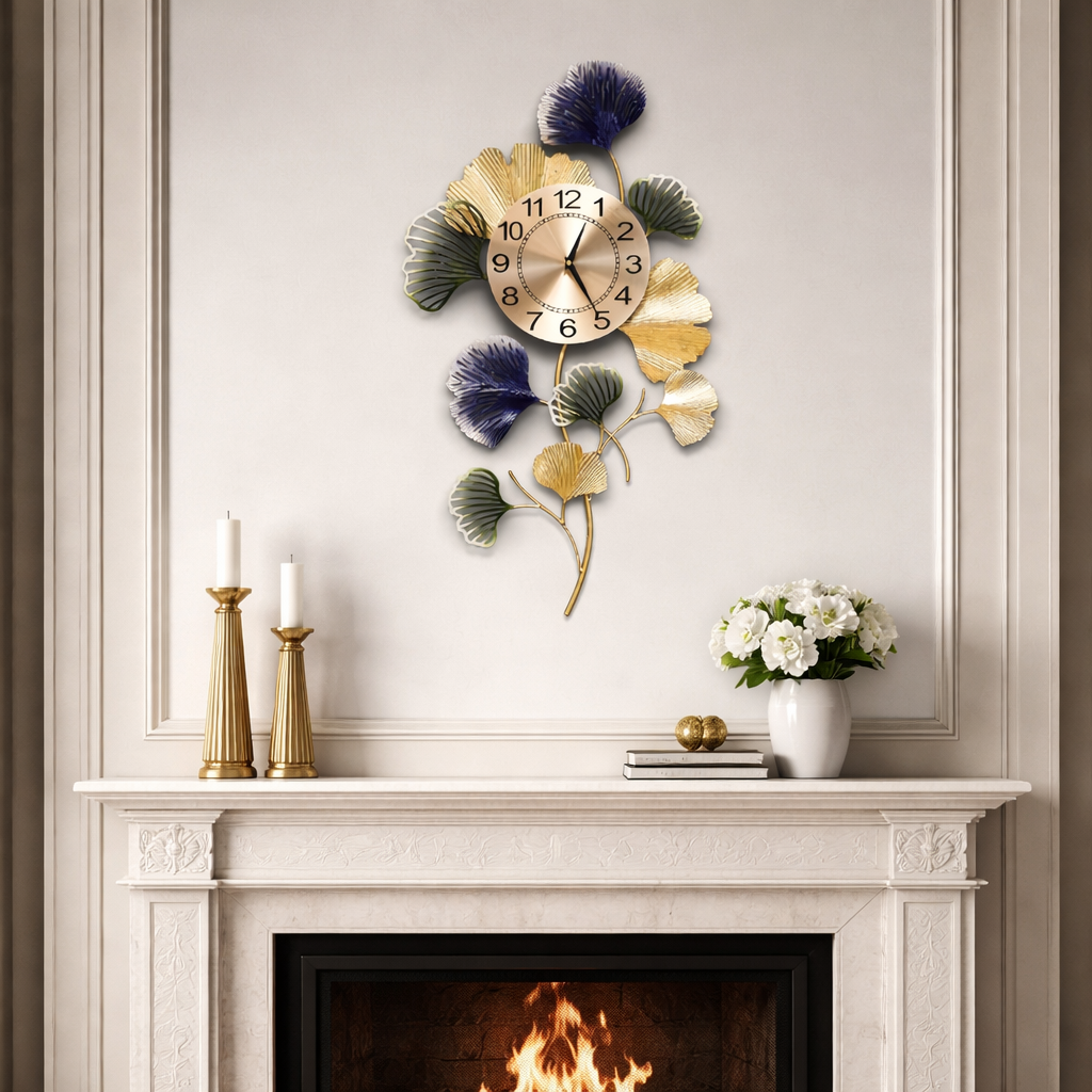 Ceas de perete decorativ 76 x 42 cm – design artistic cu frunze metalice, decor lux pentru living