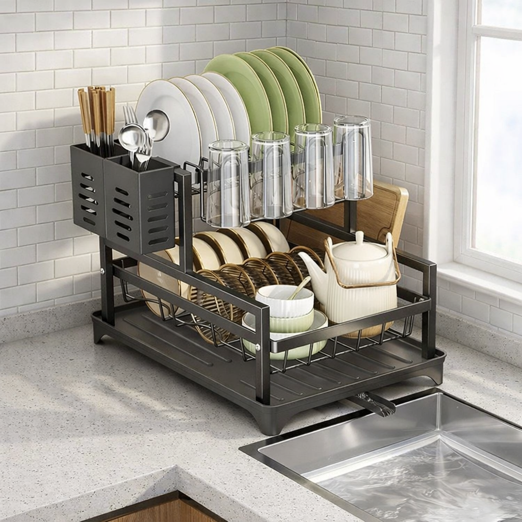 Scurgator vase cu suport scurgere automata, cu suport de tacamuri si pahare, 30 x 42 x 31.5 cm, Negru