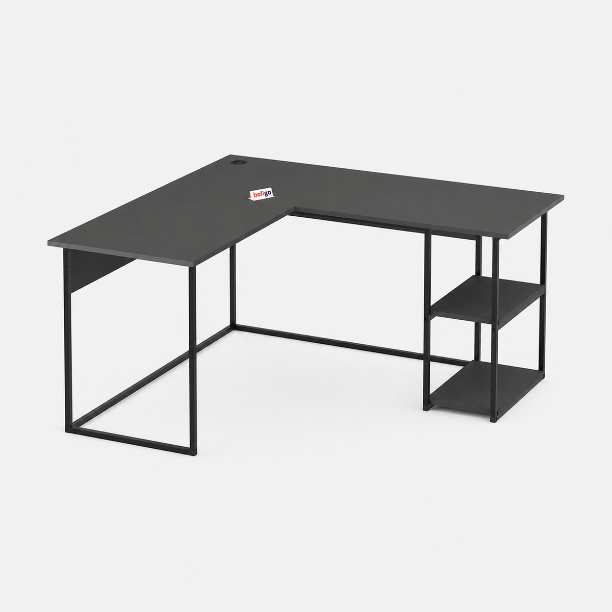 Birou de colt in forma L 140x147,8x73,8 cm, cu rafturi integrate si cadru metalic, pentru home office sau birou