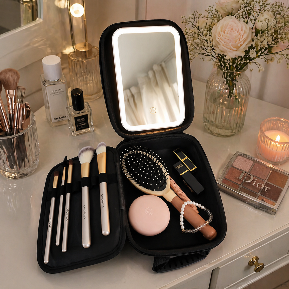 Geanta cosmetica cu oglinda LED, compacta pentru calatorii, 23x13x8 cm,