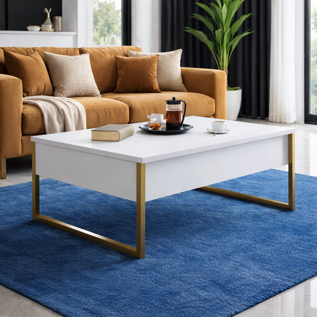 Masuta cafea alba premium cu picioare aurii metalice 90x60 cm design elegant
