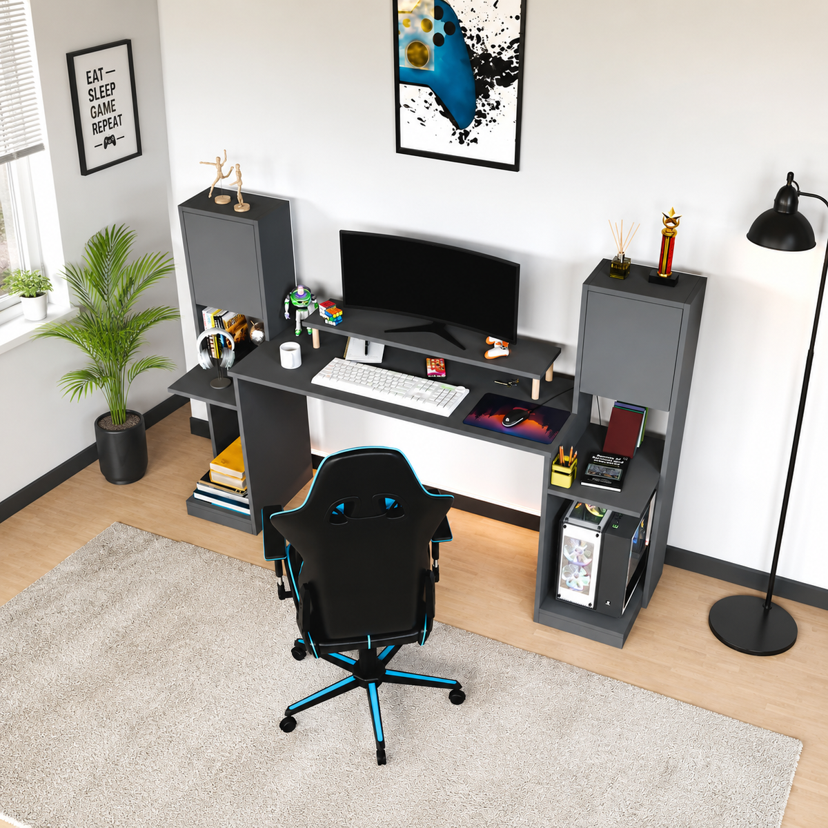 Birou gaming Throne antracit cu rafturi și dulapuri, 183 x 45 x 120 cm - detaliu produs