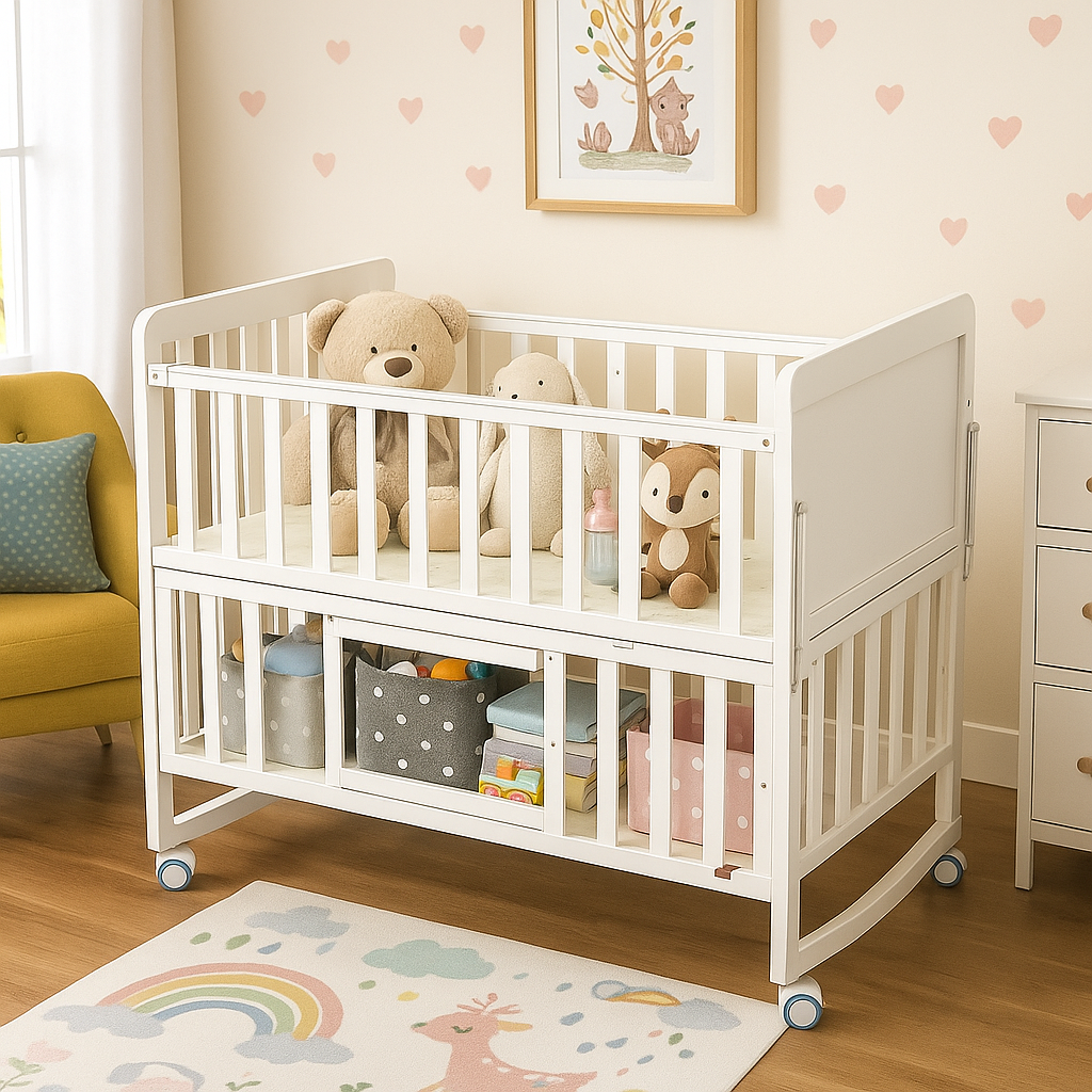 Patut bebelusi din lemn stil scandinav cu roti, laterale de protectie, set 5 piese si baldachin, alb 125 x 70 x 100 cm