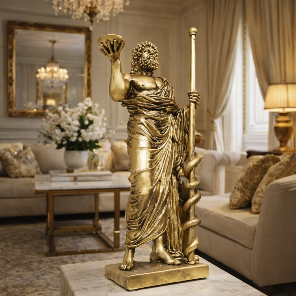 Statueta decorativa Asclepius, zeul medicinei, ornament sculptural rasina, decor birou si casa, 33x14 cm