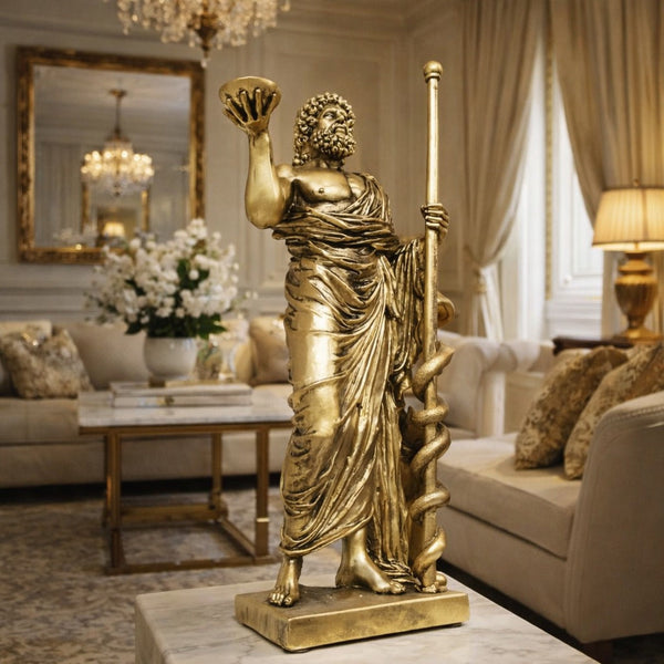 Statueta decorativa Asclepius, zeul medicinei, ornament sculptural rasina, decor birou si casa, 33x14 cm