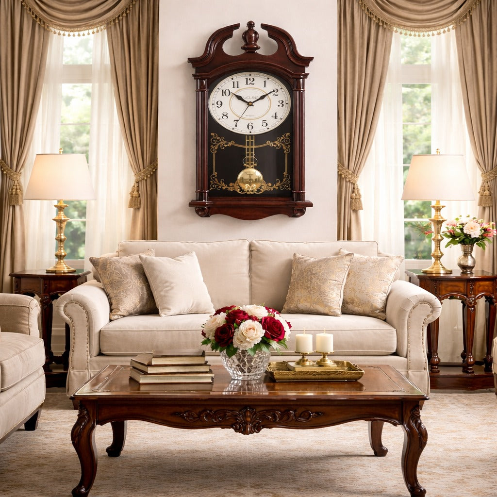 Ceas de perete cu pendul 66x29 cm design clasic elegant cu accente aurii silentios