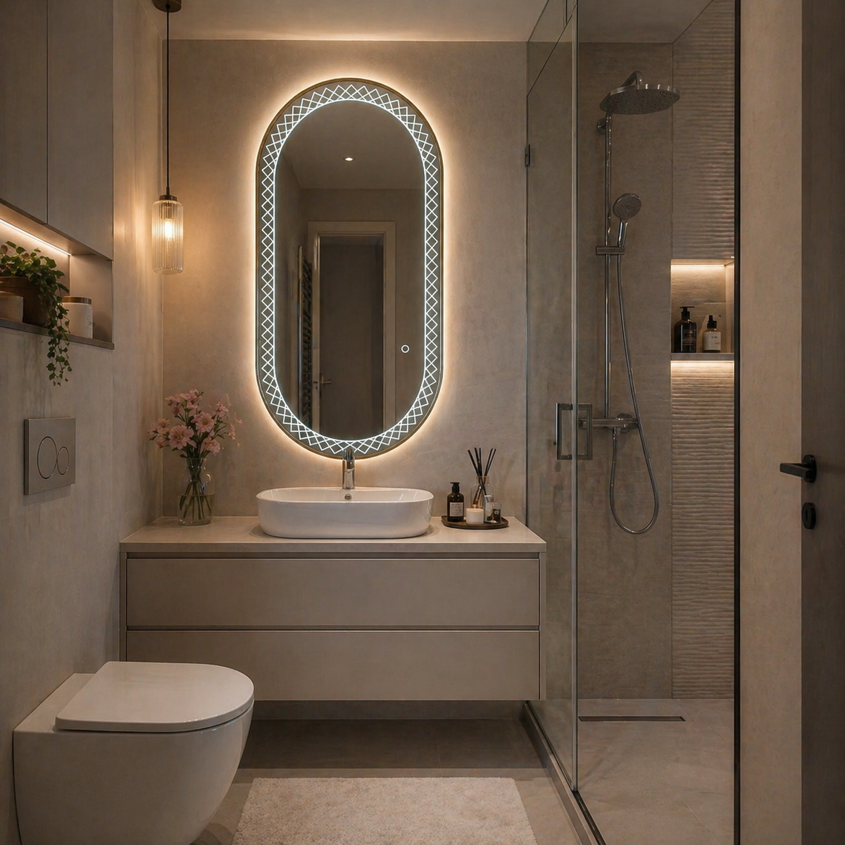 Oglinda LED Premium 120x70 cm Ovala Iluminare Ambientala 3 Culori Touch Design Elegant cu Model Decorativ